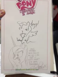 Size: 768x1024 | Tagged: safe, artist:andypriceart, artist:katiecandraw, derpibooru import, derpy hooves, princess luna, pegasus, pony, andy you magnificent bastard, angry, female, katie does it again, logo, mare, traditional art