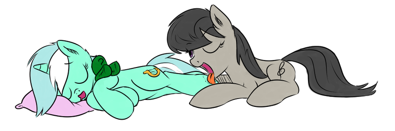 Size: 900x299 | Tagged: suggestive, artist:xioade, derpibooru import, lyra heartstrings, octavia melody, oc, oc:anon, female, hoof fetish, hoof licking, hooves, lesbian, licking, octyra, pillow, plushie, sleeping, tongue out