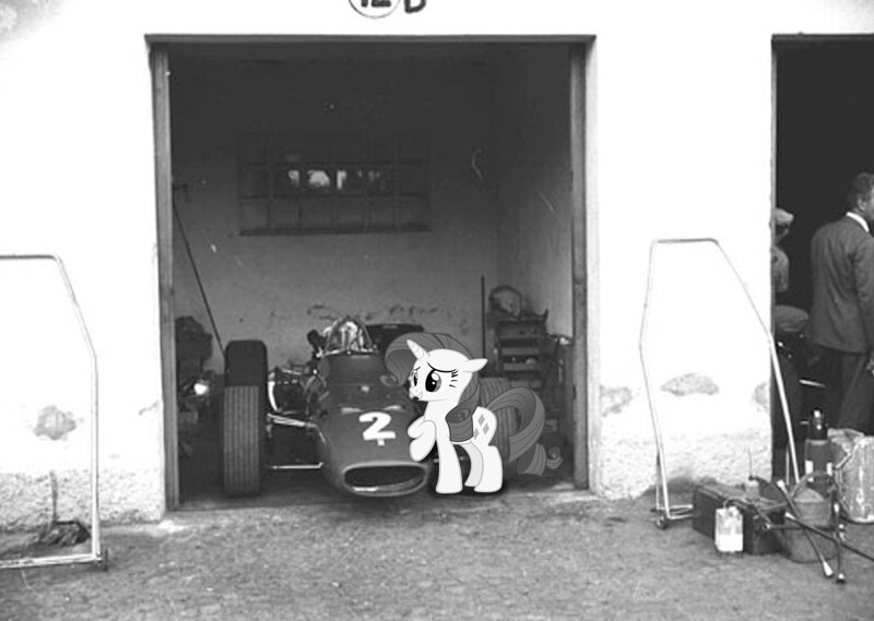 Size: 1192x848 | Tagged: black and white, car, derpibooru import, ferrari, ferrari 312, ferrarity, formula 1, garage, grayscale, human, irl, irl human, photo, ponies in real life, racecar, racer, racing, rarity, safe
