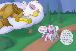 Size: 1024x683 | Tagged: safe, artist:fearingfun, derpibooru import, diamond tiara, gilda, silver spoon, gryphon, food chain, griffons doing griffon things, imminent karma, imminent rape, night, predator, prey, this will end in tears