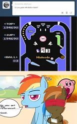 Size: 1082x1744 | Tagged: artist:dark-southern-rebel, blindfold, button mash, derpibooru import, kirby, kirby (character), nintendo, nintendo entertainment system, pinball, pinball wizard, playing, poster, rainbow dash, safe, speech bubble, sun, the who, tommy, video game, window