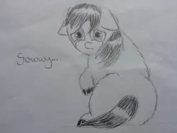 Size: 1024x768 | Tagged: artist:waggytail, crying, derpibooru import, fluffy pony, monochrome, sad, safe, solo, sorry, traditional art
