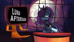 Size: 1280x722 | Tagged: artist:herny, derpibooru import, late night show, luna-afterdark, moon, parody, princess luna, safe, solo, space ghost, space ghost coast to coast, space ghost: coast to coast, table, television