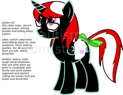 Size: 2000x1554 | Tagged: artist needed, safe, derpibooru import, oc, unofficial characters only, alicorn, pony, alicorn oc, autism, bow, donut steel, familiar, female, glasses, mare, red and black oc, saddle bag, solo, tail bow, text, vulgar
