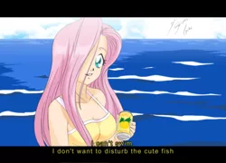 Size: 3300x2372 | Tagged: anime, artist:shinta-girl, beach, bikini, breasts, busty fluttershy, can, caption, clothes, derpibooru import, drink, female, fluttershy, human, humanized, juice, light skin, ocean, solo, solo female, subtitles, suggestive, swimsuit, water