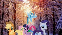 Size: 1920x1080 | Tagged: applejack, artist:chanceh96, derpibooru import, fluttershy, forest, irl, mane seven, mane six, photo, pinkie pie, ponies in real life, pose, rainbow dash, rarity, safe, snow, spike, sunlight, twilight sparkle, vector