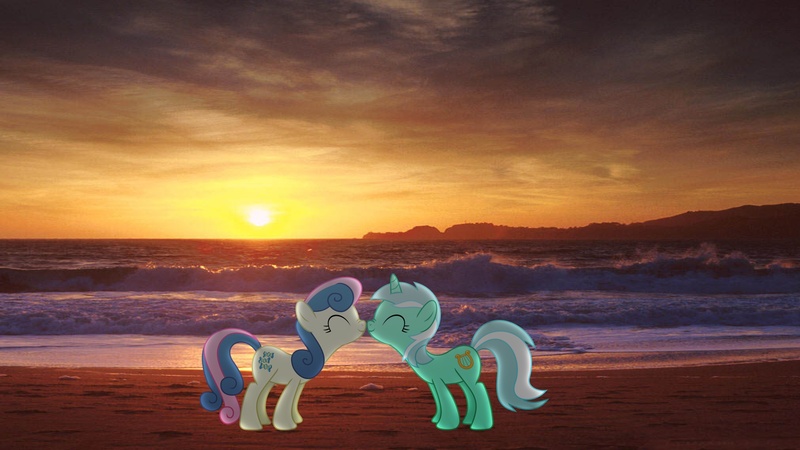 Size: 1920x1080 | Tagged: safe, artist:mr-kennedy92, derpibooru import, bon bon, lyra heartstrings, sweetie drops, beach, boop, female, happy, irl, lesbian, lyrabon, noseboop, nuzzling, ocean, photo, ponies in real life, shipping, sun, sunset, vector, water, wave