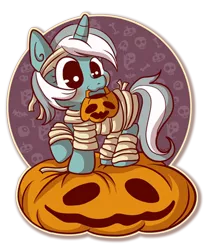 Size: 400x486 | Tagged: artist:xkappax, cute, derpibooru import, halloween, jack-o-lantern, lyrabetes, lyra heartstrings, mouth hold, mummy, nightmare night, pumpkin, safe, solo