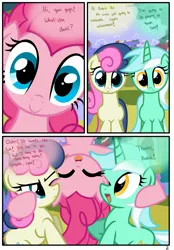 Size: 1741x2500 | Tagged: artist:pyruvate, bon bon, bon bon is not amused, comic, comic:the usual, derpibooru import, happy, in which pinkie pie forgets how to gravity, lyra heartstrings, pinkie being pinkie, pinkie physics, pinkie pie, safe, sweetie drops