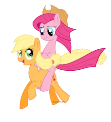 Size: 959x1051 | Tagged: applejack, artist:zilkenian, derpibooru import, happy, hat, pinkamena diane pie, pinkie pie, ponies riding ponies, riding, safe