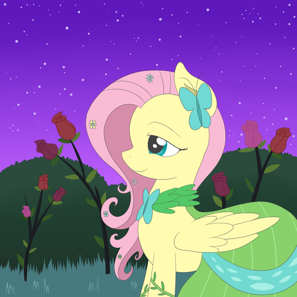 Size: 2500x2500 | Tagged: artist:fluttershyfree, bush, butterfly, clothes, derpibooru import, dress, flower, fluttershy, gala dress, night, safe, solo, stars