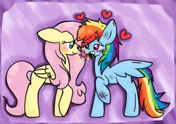 Size: 1024x722 | Tagged: safe, artist:luckyshy, derpibooru import, fluttershy, rainbow dash, blushing, female, flower, flutterdash, heart, lesbian, shipping