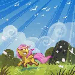 Size: 720x720 | Tagged: artist:cmaggot, crepuscular rays, cute, derpibooru import, fluttershy, grass, happy, outdoors, pixel art, safe, shyabetes, solo, sunlight