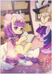Size: 1000x1403 | Tagged: safe, artist:lyra-kotto, derpibooru import, twilight sparkle, ponified, pony, blank flank, book, bow, cake, crossover, cup, cushion, female, hat, kirisame marisa, library, mare, patchouli knowledge, ribbon, teapot, touhou
