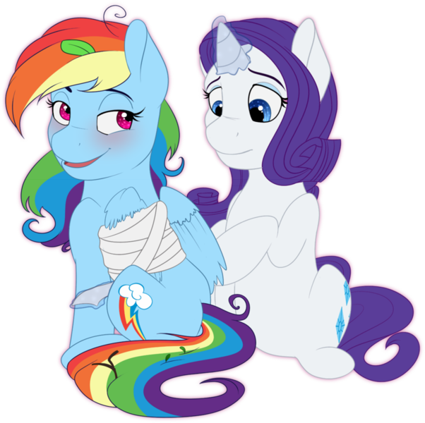 Size: 800x798 | Tagged: artist:llacky, bandage, derpibooru import, female, injured, lesbian, magic, rainbow dash, raridash, rarity, safe, shipping, sitting, telekinesis