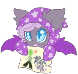 Size: 2051x1938 | Tagged: safe, artist:starlightlore, derpibooru import, oc, oc:anon, oc:sirocca, oc:speck, unofficial characters only, bat pony, pony, clothes, drawing, footed sleeper, heart, pajamas, paper, simple background, solo, transparent background