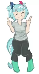 Size: 562x1072 | Tagged: artist:daily, clothes, cute, derpibooru import, double deuce, eyes closed, fuck you, middle finger, oc, oc:hope, parent:lyra heartstrings, pigtails, safe, satyr, simple background, smiling, solo, unofficial characters only, vulgar, white background