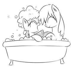 Size: 600x558 | Tagged: artist:xioade, bath, bathtub, bubble, cheerilee, derpibooru import, happy, monochrome, safe, silver spoon