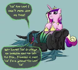 Size: 838x758 | Tagged: safe, artist:firefanatic, derpibooru import, princess cadance, queen chrysalis, belly, bellyrubs, big belly, cadalis, changeling feeding, changeling overfeeding, chubby, drunk, eyes closed, fat, female, headcanon, high, inflation, lesbian, on back, open mouth, queen chrysalard, shipping, smiling, tongue out, underhoof