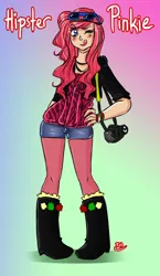 Size: 500x860 | Tagged: artist:redmisa, boots, camera, derpibooru import, hipster, human, humanized, pinkie pie, safe, solo, sunglasses