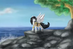 Size: 1500x1000 | Tagged: safe, artist:aschenstern, derpibooru import, oc, oc:dionis, unofficial characters only, pegasus, pony, clothes, male, solo, stallion, tree, water