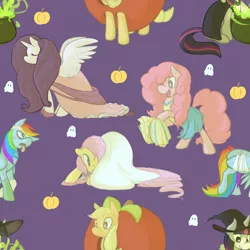 Size: 800x800 | Tagged: safe, artist:tigs, derpibooru import, applejack, fluttershy, pinkie pie, rainbow dash, rarity, twilight sparkle, alicorn, ghost, alicornified, apple, bandage, bedsheet ghost, cauldron, cheerleader, clothes, costume, dress, halloween, hat, mane six, nightmare night, pattern, pumpkin, race swap, raricorn, sheet, tile, tongue out, wallpaper, witch, witch hat