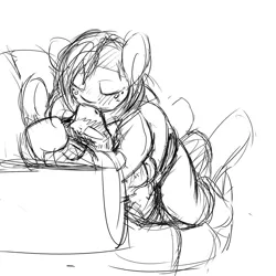 Size: 1000x1000 | Tagged: safe, artist:gordonfreeguy, derpibooru import, babs seed, button mash, earth pony, pony, semi-anthro, adorababs, blushing, buttonseed, couch, cuddling, cute, eyes closed, female, kissing, male, mare, monochrome, older, older babs seed, older button mash, on back, snuggling, stallion, straight, underhoof