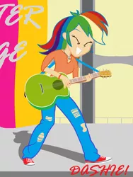 Size: 774x1032 | Tagged: safe, artist:garretthegarret, derpibooru import, rainbow dash, equestria girls, guitar, happy, humanized, musical instrument, playing, smiling, solo