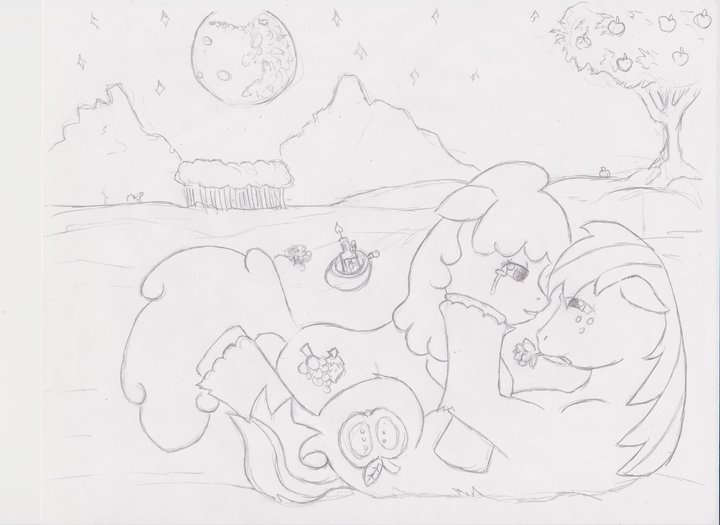 Size: 720x525 | Tagged: source needed, safe, artist:hirol-unari, derpibooru import, berry punch, berryshine, big macintosh, earth pony, pony, crying, flower, flower in mouth, male, mare in the moon, monochrome, moon, mouth hold, night, shipping, stallion, stars, straight, traditional art, tree