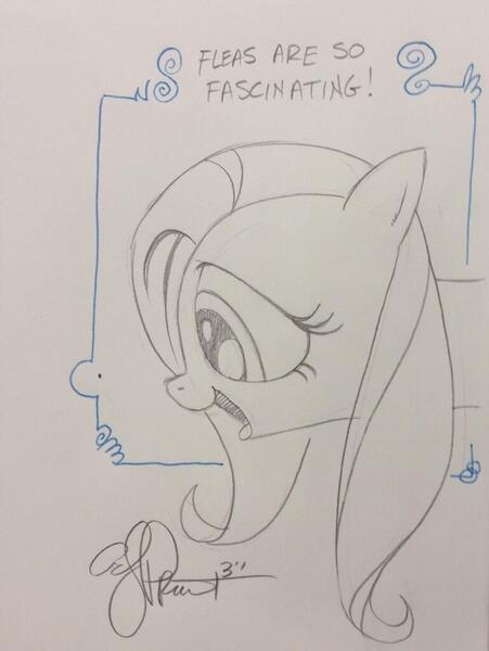 Size: 769x1024 | Tagged: artist:andypriceart, derpibooru import, flea, fluttershy, insect, safe, solo, traditional art