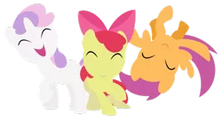 Size: 900x495 | Tagged: safe, artist:ironfruit, derpibooru import, apple bloom, scootaloo, sweetie belle, earth pony, pegasus, pony, unicorn, blank flank, cutie mark crusaders, dancing, eyes closed, female, filly, foal, hooves, horn, lineless, minimalist, trio, wings