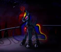 Size: 964x828 | Tagged: artist:myhysteria, balcony, corrupted, dark, derpibooru import, evil, fangs, nightmare rainbow dash, nightmarified, rainbow dash, semi-grimdark, solo