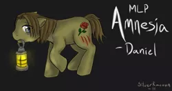 Size: 500x263 | Tagged: safe, artist:silverracoon, derpibooru import, ponified, earth pony, pony, amnesia, amnesia the dark descent, daniel, lamp, lantern, male, mouth hold, oil lamp, solo, stallion