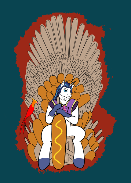 Size: 1500x2100 | Tagged: artist needed, corndog, crossover, derpibooru import, friendship is witchcraft, game of thrones, iron throne, mustard, phoenix, safe, semi-anthro, shining armor, sitting, solo, source needed