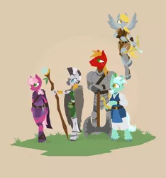 Size: 1593x1701 | Tagged: adventuring party, anthro, archer, armor, arrow, artist:phidippusofmystery, axe, big macintosh, bow and arrow, bow (weapon), cheerilee, dead source, derpibooru import, derpy hooves, dungeons and dragons, fantasy class, flying, lyra heartstrings, lyre, safe, simple background, staff, unguligrade anthro, unshorn fetlocks, weapon, zebra, zecora