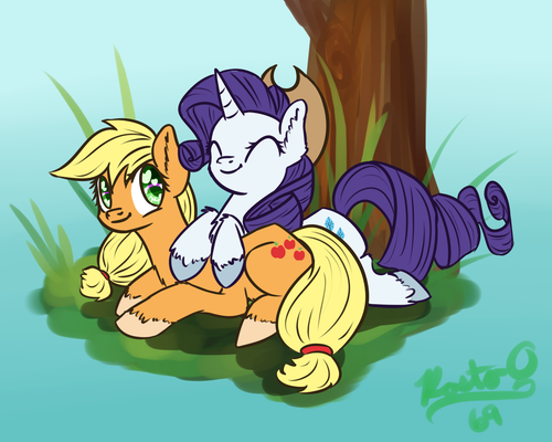 Size: 500x400 | Tagged: safe, artist:rastaquouere69, derpibooru import, applejack, rarity, accessory swap, cowboy hat, eyes closed, female, hat, hooves, lesbian, prone, rarijack, shipping, smiling, stetson, tree, unshorn fetlocks