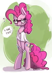 Size: 621x857 | Tagged: suggestive, artist:xieril, derpibooru import, pinkie pie, pony, adorkable, bipedal, blushing, bottomless, clothes, colored, covering, cute, dialogue, dock, dork, embarrassed, glasses, presenting, shirt, solo