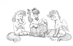 Size: 1024x655 | Tagged: apple bloom, artist:baron engel, cutie mark crusaders, derpibooru import, halloween, holiday, jack-o-lantern, monochrome, pencil drawing, pumpkin, pumpkin carving, safe, scootaloo, sweetie belle, traditional art