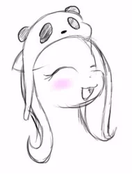 Size: 296x390 | Tagged: safe, artist:silver1kunai, derpibooru import, fluttershy, panda, pegasus, pony, :3, blushing, cute, eyes closed, female, floppy ears, hat, mare, open mouth, panda hat, shyabetes, simple background, sketch, smiling, solo, white background