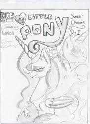 Size: 850x1170 | Tagged: artist:digitaldomain123, artist:dripdropboom, blushing, comic, comic:sweet dreams, comic:sweet dreams part 1, derpibooru import, monochrome, oc, oc:dripdrop, princess luna, safe, sketch, smiling, traditional art