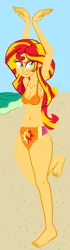 Size: 406x1442 | Tagged: safe, artist:oneovertwo, derpibooru import, sunset shimmer, equestria girls, barefoot, beach, belly button, bikini, cleavage, clothes, feet, female, solo, swimsuit