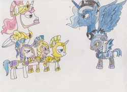 Size: 800x582 | Tagged: artist:sonic-the-superstar, derpibooru import, female, flare warden, flash sentry, gleaming shield, oc, prince artemis, prince solaris, princess celestia, princess luna, royal guard, rule 63, safe, shining armor