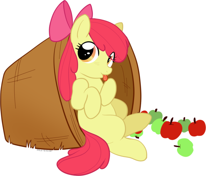 Size: 1280x1092 | Tagged: safe, artist:trunksi, derpibooru import, apple bloom, earth pony, pony, :p, apple, basket, blank flank, eye clipping through hair, female, filly, food, sitting, solo, tongue out