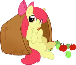 Size: 1280x1092 | Tagged: safe, artist:trunksi, derpibooru import, apple bloom, earth pony, pony, :p, apple, basket, blank flank, eye clipping through hair, female, filly, food, sitting, solo, tongue out