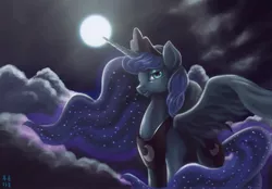 Size: 2019x1405 | Tagged: safe, artist:mrs1989, derpibooru import, princess luna, alicorn, pony, backlighting, bedroom eyes, cloud, cloudy, ethereal mane, full moon, looking at you, moon, night, smiling, solo, spread wings, starry mane