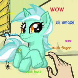 Size: 700x700 | Tagged: artist:theartrix, caption, comic sans, couch, derpibooru import, doge, hand, lyra heartstrings, meme, ponified animal photo, safe