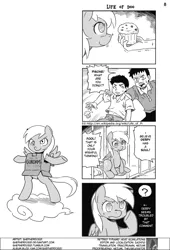 Size: 700x1030 | Tagged: 4koma, artist:shepherd0821, box gundam, cardboard box, comic, comic:friendship is 4komagic, crossover, derpibooru import, derpy hooves, fanbook, gundam, human, life of pi, monochrome, muffin, parody, safe