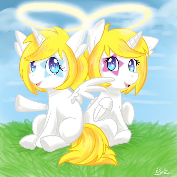 Size: 2008x2000 | Tagged: safe, artist:benkomilk, derpibooru import, oc, oc:dreamstar, oc:starwishes, unofficial characters only, alicorn, pony, alicorn oc, angel, halo, siblings, twins