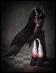 Size: 773x1002 | Tagged: grimdark, artist:vongrell, derpibooru import, oc, oc:vileraven, unofficial characters only, vampony, blood, creepy, death stare, red eyes, sharp teeth