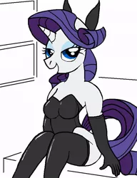 Size: 623x811 | Tagged: anthro, artist:nhl-changelingpony, breasts, bunny girl, clothes, costume, derpibooru import, evening gloves, female, looking at you, rarity, sitting, solo, solo female, stockings, suggestive